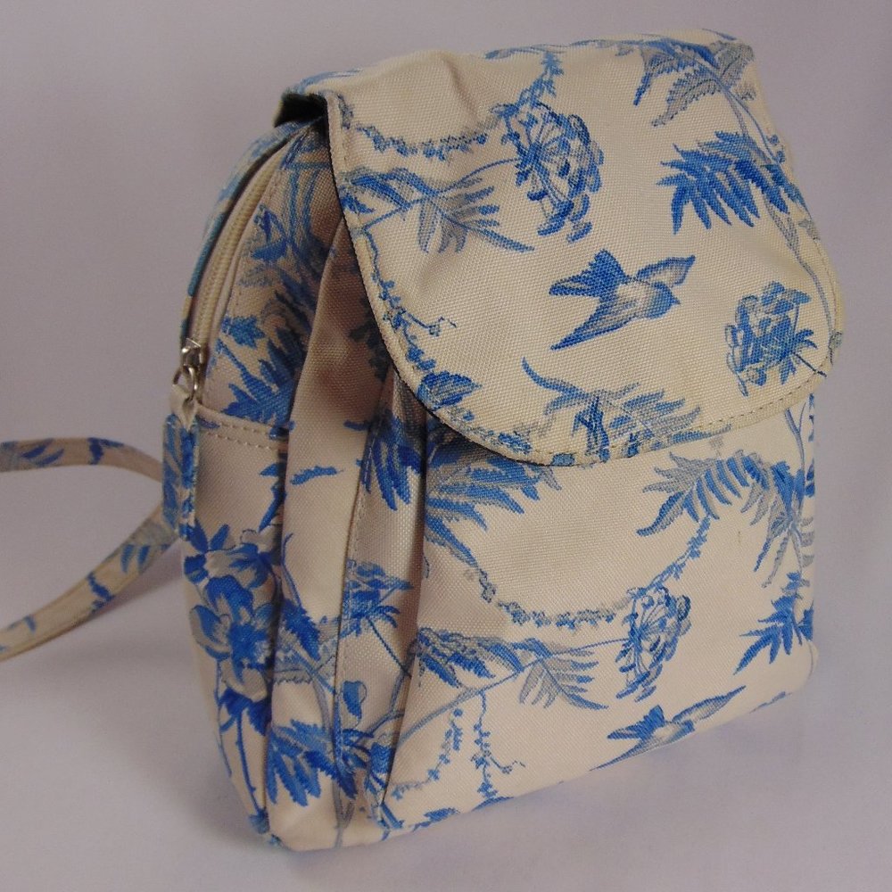 Festival Blue and Off-White Flora and Bird Print Canvas Backpack